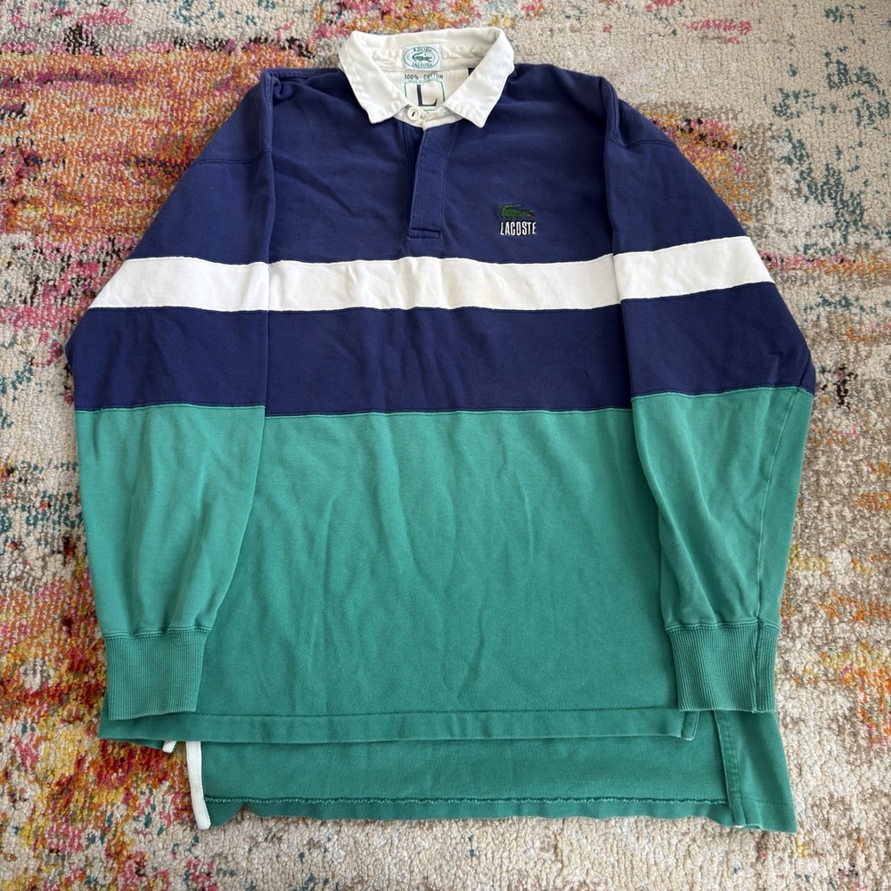 Vintage 90s Izod Lacoste Colorblock Rugby Shirt Large Blue Green Stripe